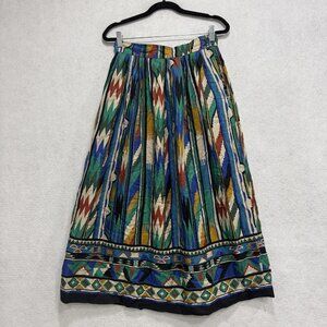 Rafaella Skirt Womens Size 10 Multicolor Geometric Ikat Midi Pleated Rayon Boho